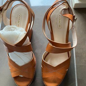 Coach Wedge Sandals, Size 8 M, Tan Leather